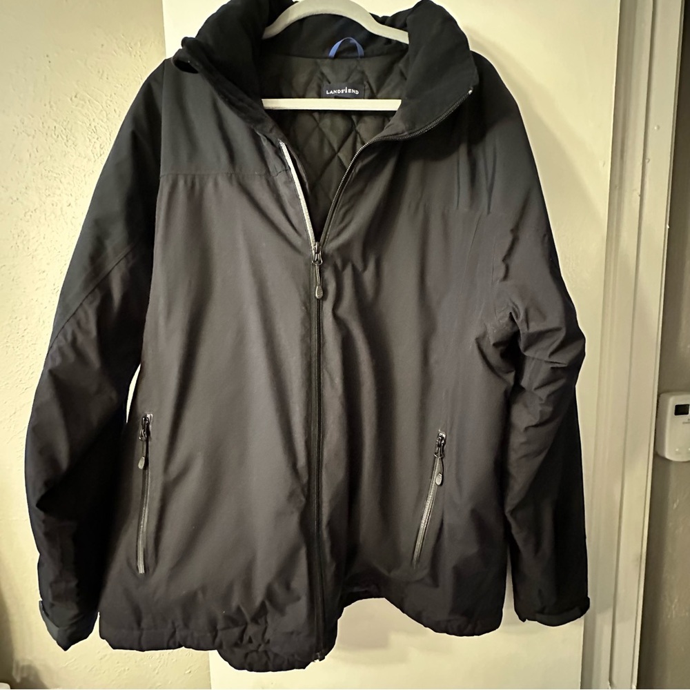 Lands' End AquaCheck  Quilt Lined Black Zip Up Hooded Jacket Size XL